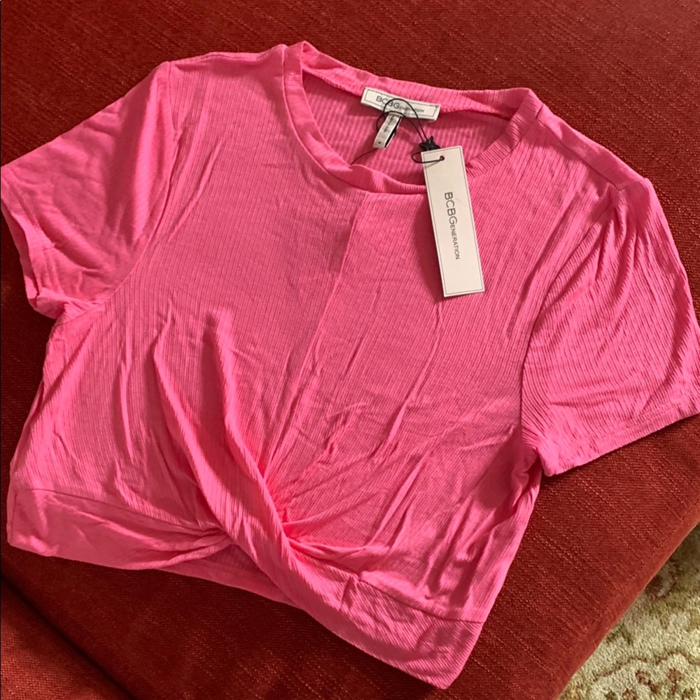 BCBGeneration Pink Tie Front Short Sleeve Top